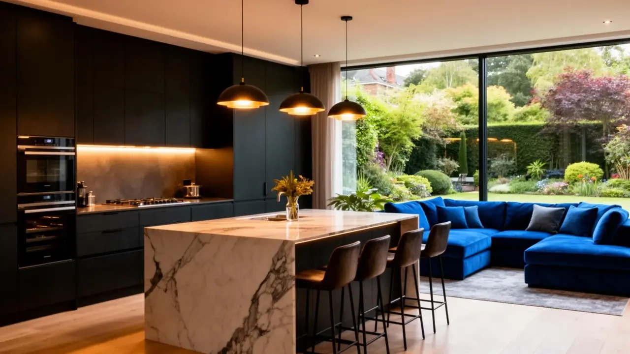 Luxury kitchen remodel with marble island and garden view